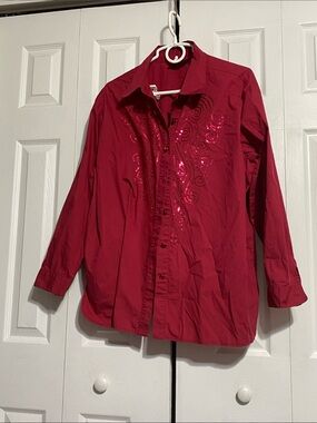 Bob Macke wearable art sequin Dark Red Button down top blouse shirt size 1X